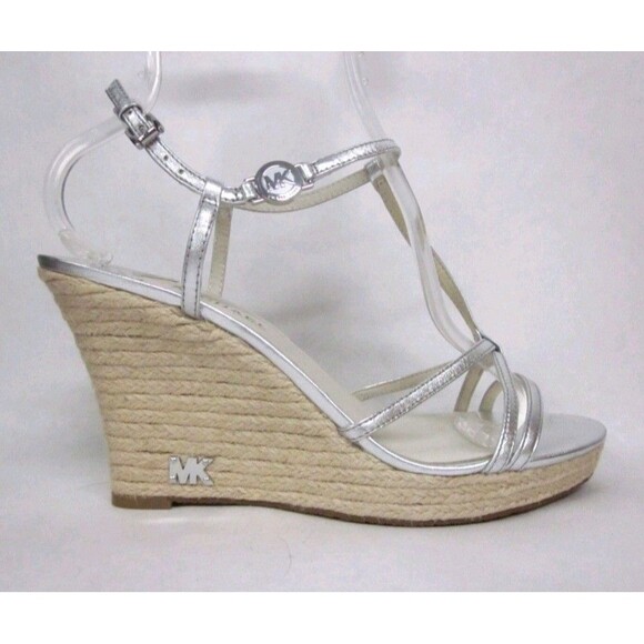 MICHAEL Michael Kors Kami T-Strap Wedge Sandals Silver Espadrille US 8 Elegant - Picture 2 of 9